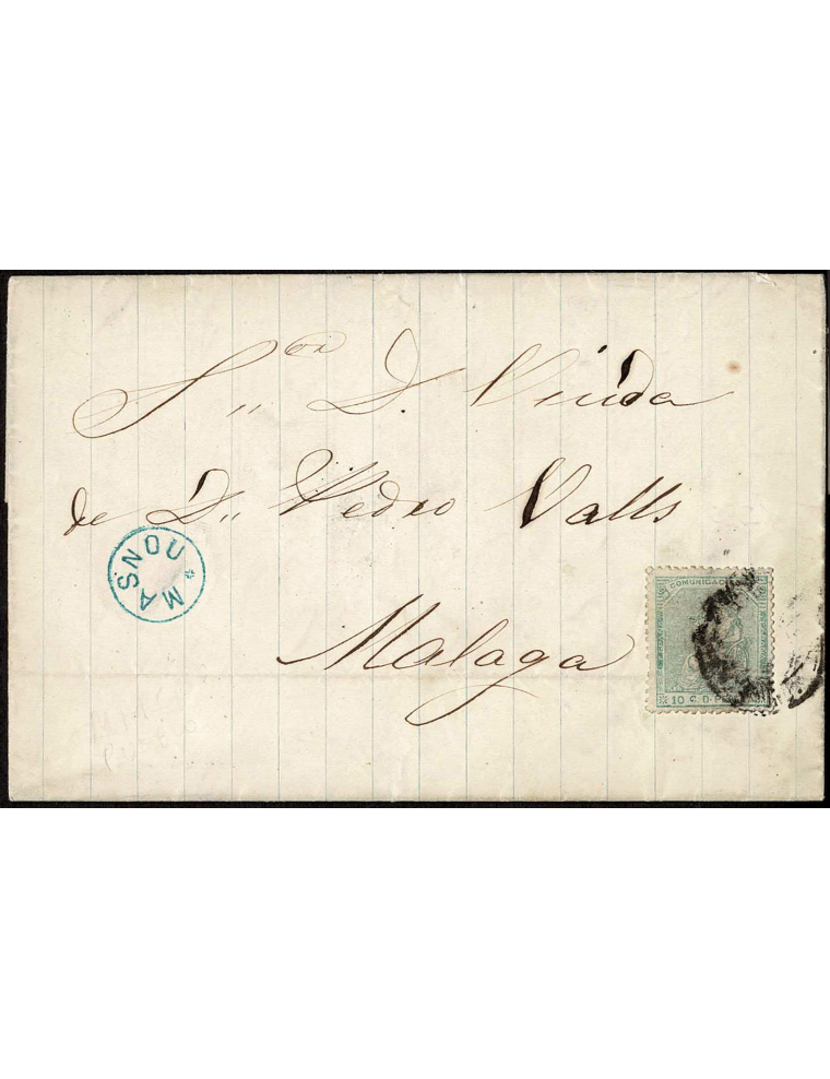 1873 (18 DIC) Masnou a Málaga. 10 cts. verde mat. circular del Sobrescrito franqueado con un sello de 10 cts. de la emisión de 1