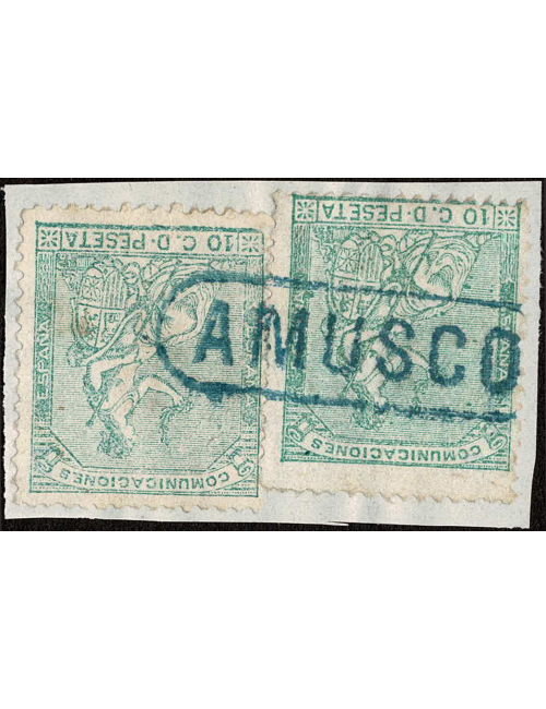 1874. 10 cts. verde, dos ejemplares sobre fragmento mat. marca lineal de la estación de “AMUSCO” recercada en azul. Precioso eje