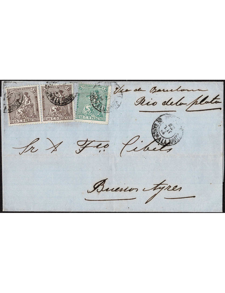 1873 (29 JUL) Barcelona a Buenos Aires (Argentina). 10 cts. verde y 25 cts. castaño, dos ejemplares mat. fechador ambulante “AMB