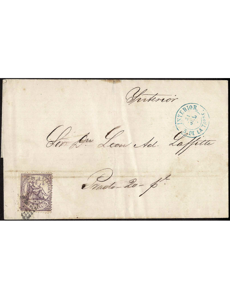 1874 (31 JUL) Madrid correo interior. 5 cts. lila mat. RP. En el frente fechador “INTERIOR / 31 JUL 74 / 3 DE LA TARDE” en azul.