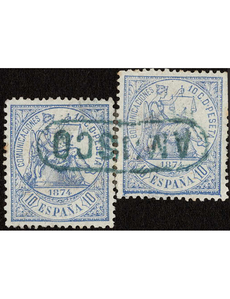 1874. Dos sellos de 10 cts. azul recomponiendo la marca lineal de la estación de “AMUSCO” recercada en verde. Preciosa.