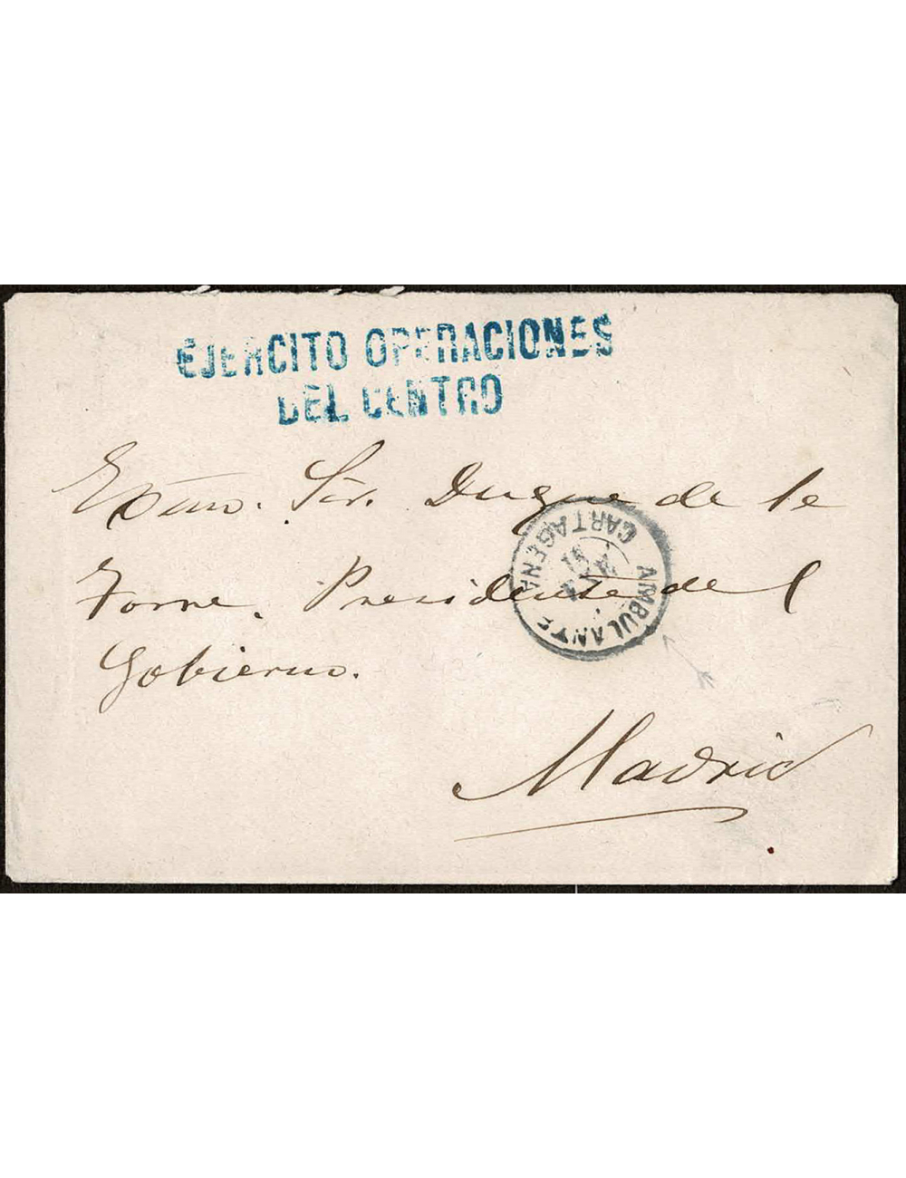 1874 (18 ENE) Cartagena a Madrid. SCM sin franquear con fechador ambulante “AMBULANTE / CARTAGENA” en negro y marca “EJERCITO OP