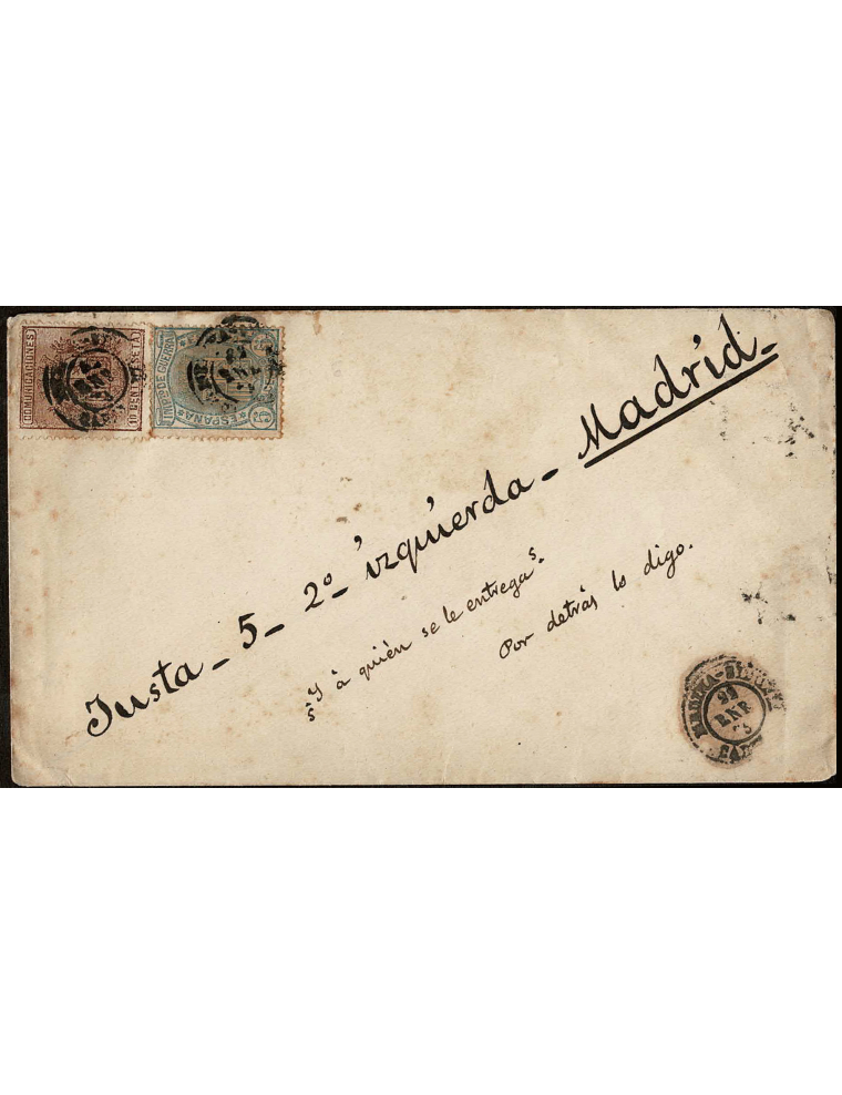 1875 (22 ENE) Medina Sidonia a Madrid. 10 cts. castaño y 5 cts. verde IG mat. fechador en negro aceitoso de Medina Sidonia que s