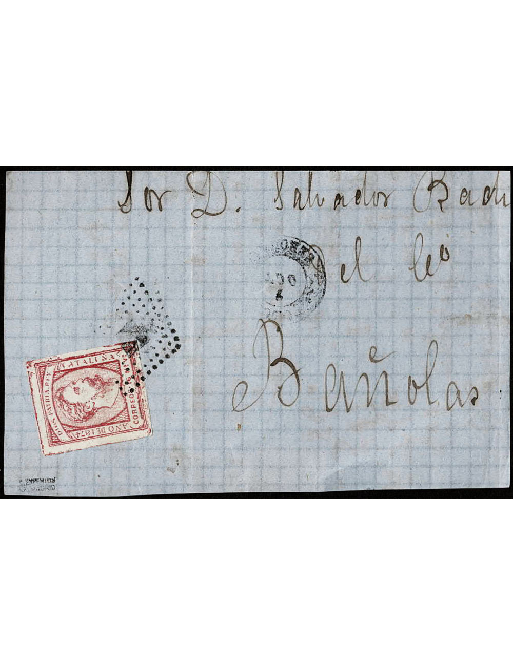 1874 circa (7 OCT) Olot a Banyoles. 16 maravedís rojo sello de Carlos VII, de la emisión carlista de Cataluña mat. RP. En el fre