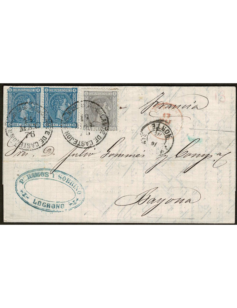1876 (16 MAY) Logroño a Bayona (Francia) . 5 cts. gris y 10 cts. azul, pareja horizontal mat. fechador ambulante de tipo grande 
