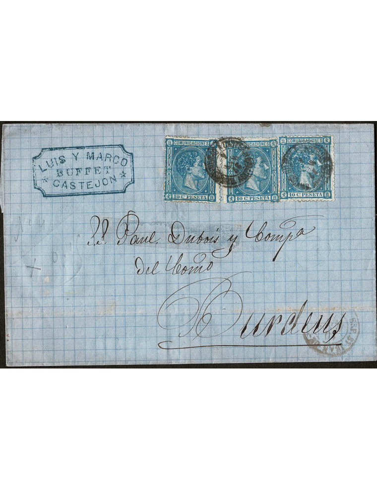 1876 (5 MAR) Castejón a Burdeos (Francia). 10 cts. azul, tres ejemplares mat. fechador ambulante “BILBAO A CASTEJON (1A) / 5 MAR