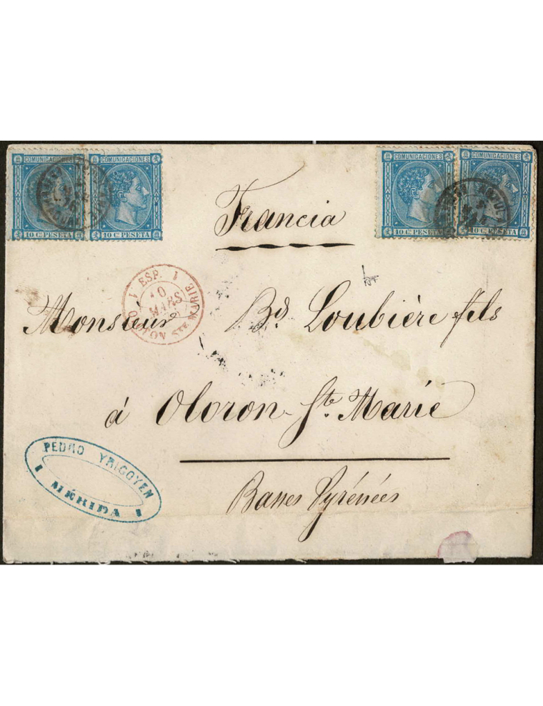 1876 (7 MAR) Mérida a Olorón (Francia). 10 cts. azul, cuatro ejemplares mat. fechador ambulante “AMBULANTE / 7 MAR 76 / ESTREMAD