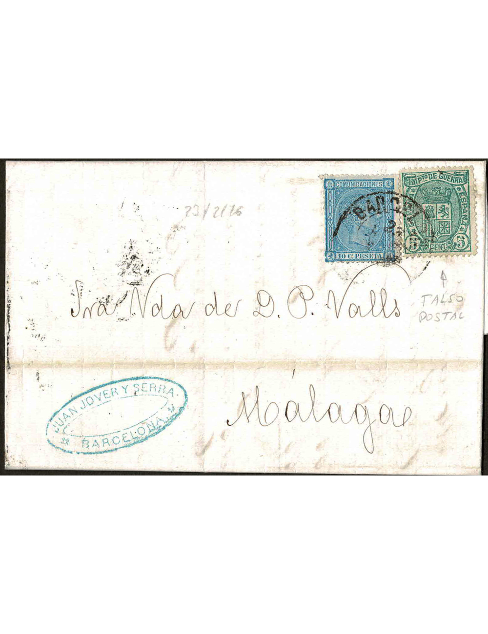 1876 (23 FEB) Barcelona a Málaga. 10 cts. azul y 5 cts. verde IG, falso postal (Graus tipo 135 F). Mat. fechador en negro de Bar