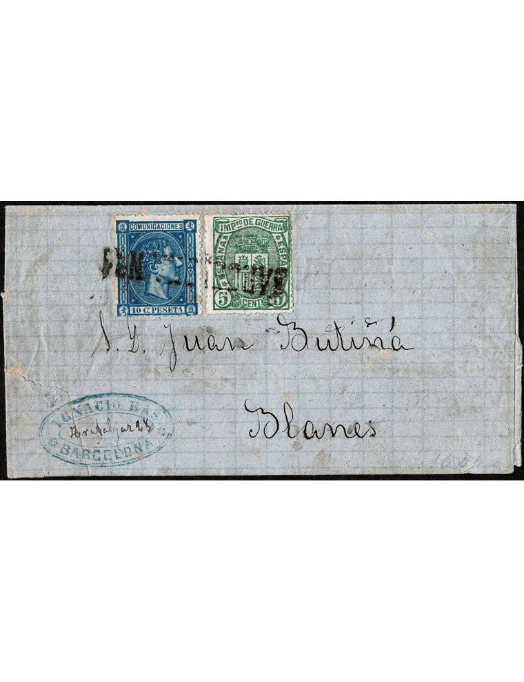 1876 (1 MAY) Barcelona a Blanes. 10 cts. azul y 5 cts. verde IG mat. “BARCELONA Nº 1” lineal de ferrocarril (Sitjà tipo LB-5). R