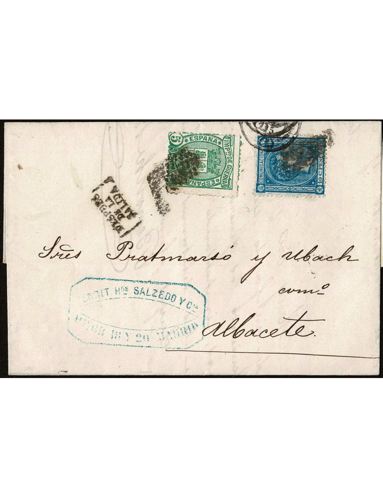 1875 (8 NOV) Madrid a Albacete. 10 cts. azul y 5 cts. verde IG mat. RP. En el frente marca “DESPUES / DE LA SALIDA” recuadrada e