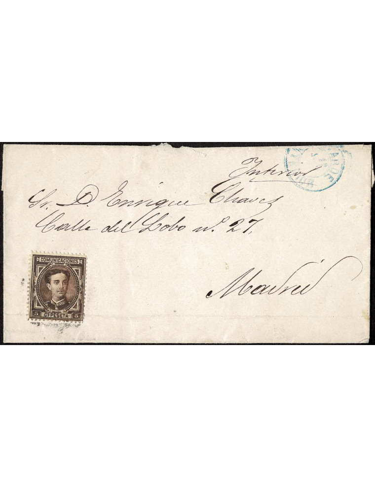 1876 (12 JUN) Madrid correo interior. 5 cts. castaño mat. ilegible en negro. En el frente el fechador “TARDE / 12 JUN / INTERIOR