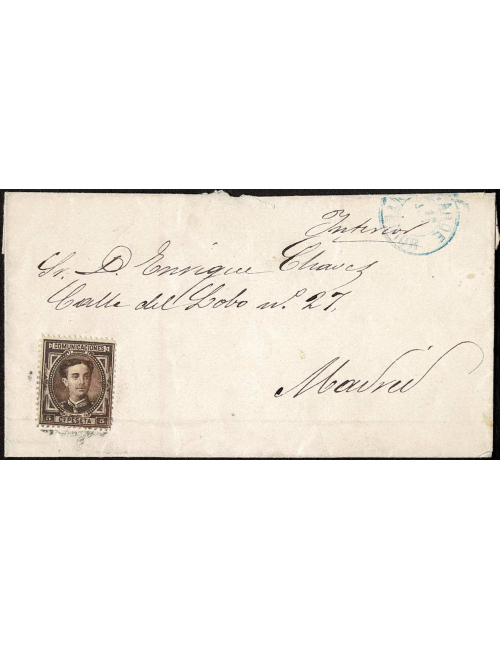1876 (12 JUN) Madrid correo interior. 5 cts. castaño mat. ilegible en negro. En el frente el fechador “TARDE / 12 JUN / INTERIOR