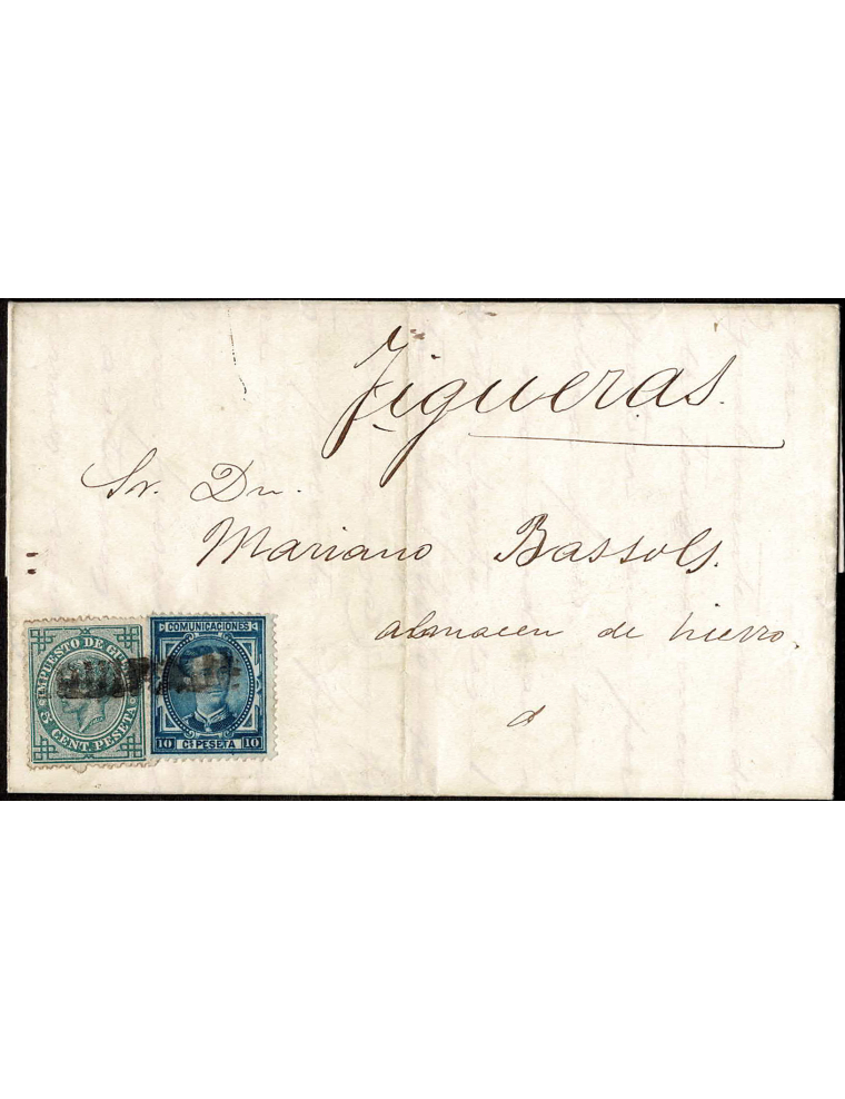 1876 (3 DIC) Granollers a Figueres. 10 cts. azul y 5 cts. verde IG mat. lineal “EQUIPAJE” de Granollers (Sitjà LG-2P). Pieza úni