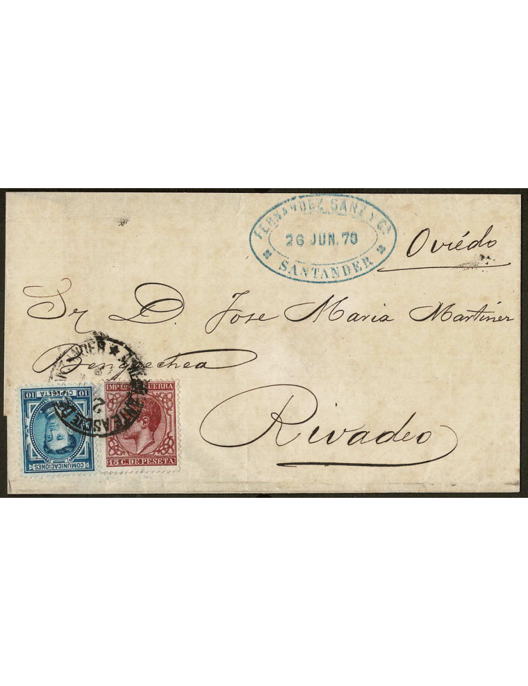 1878 (26 JUN) Santander a Ribadeo. 10 cts. azul y 15 cts. rojo IG mat. fechador ambulante de 27 mm. “AMB. ASC. DE SANTANDER / 26