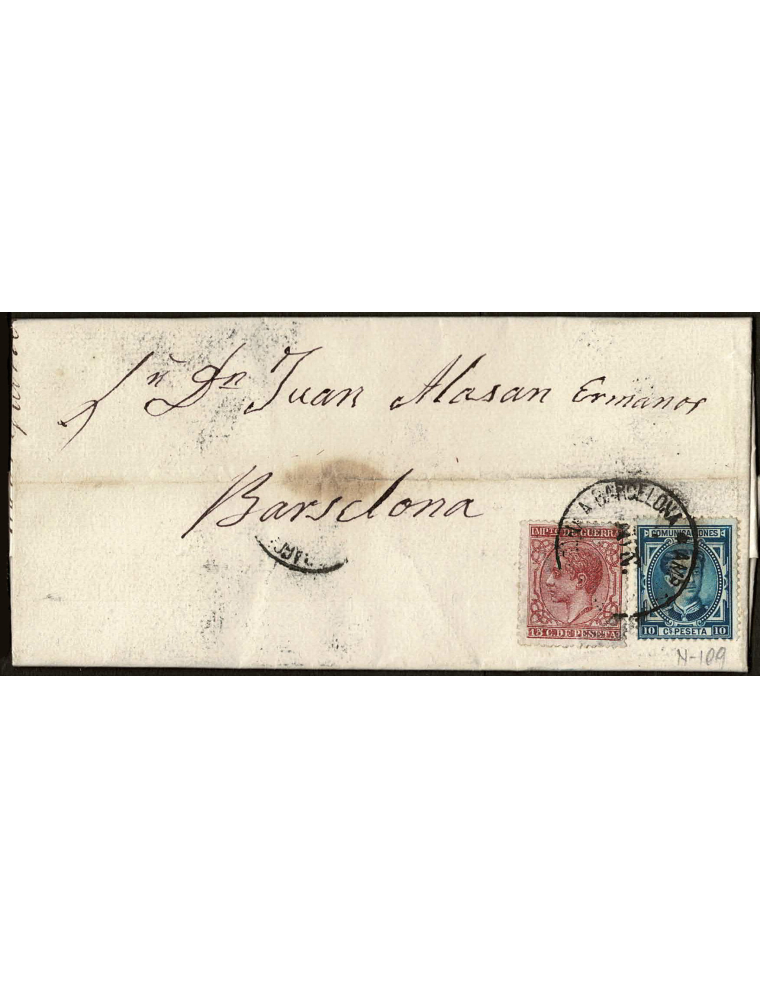 1878 (27 JUN) Vendrell a Barcelona. 10 cts. azul y 15 cts. rojo IG mat. fechador “AMB. TARRAGONA A BARCELONA” que se repite disc