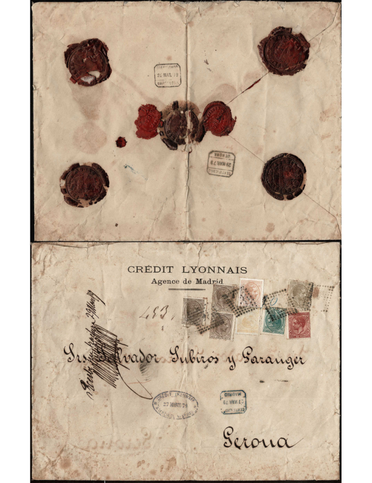 1879 (27 MAR) Madrid a Girona. Sobre de carta certificada de gran formato con un espectacular franqueo de seis colores, cerrado 