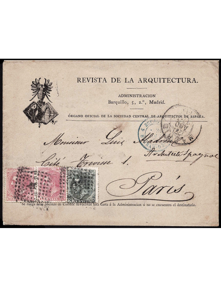 1879 (28 AGO) Madrid a París (Francia). 5 cts. verde, 10 cts. rosa dos ejemplares mat. RP con estrella. En el frente fechador de