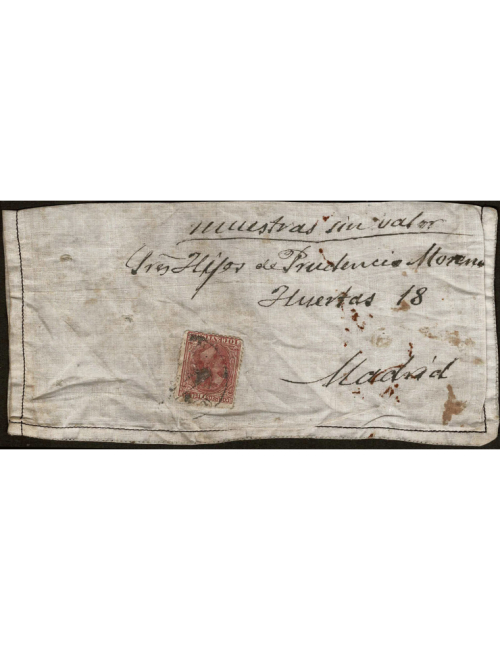 1883 (19 FEB) a Madrid. 10 cts. rosa carminado mat. fechador. mns. “Muestras sin valor”. Saquito de tela que contenía muestras, 