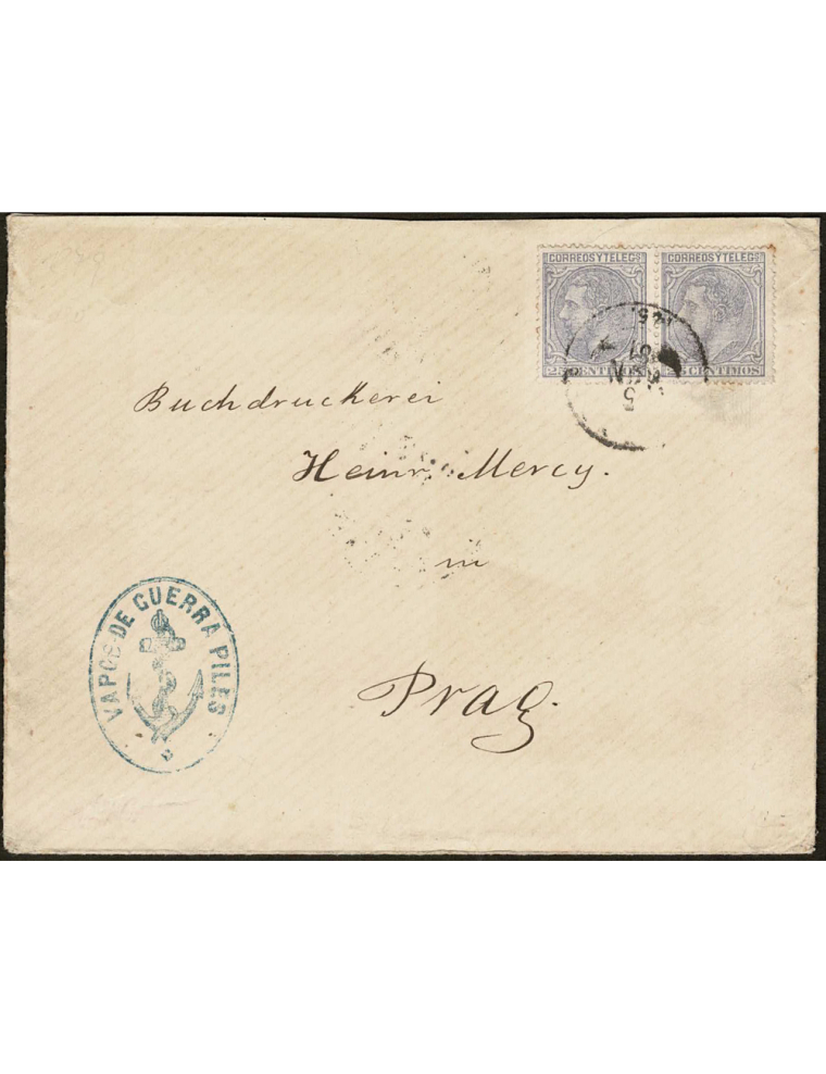 1881 A Praga (Checoslovaquia) 25 cts. gris pareja horizontal mat. fechador ilegible. En el frente marca “VAPOR DE GUERRA PILES” 