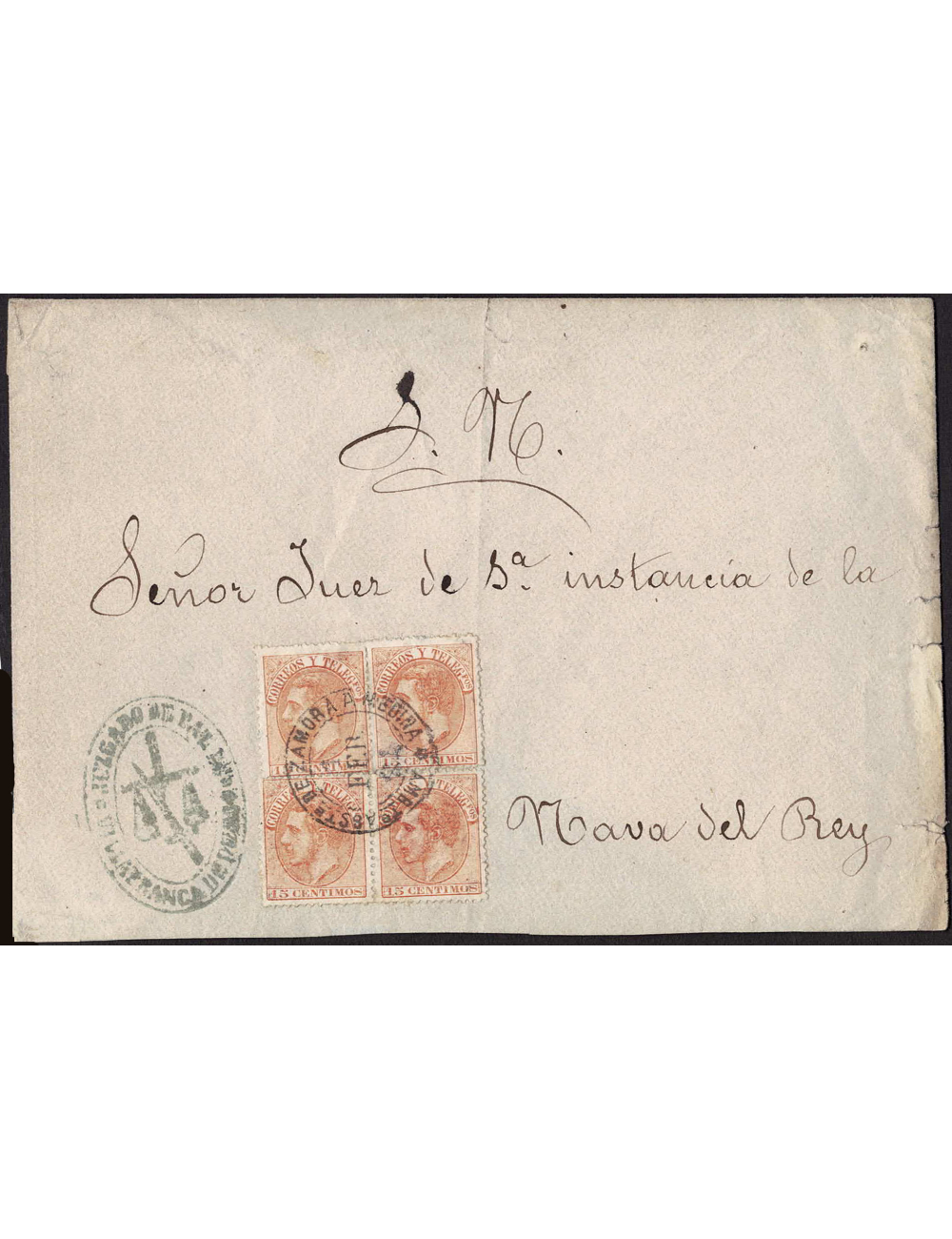 1884 (1 FEB) Villafranca de Duero a Nava de Rey. 15 cts. naranja, bloque de cuatro mat. ambulante “AMBTE ASCTE DE ZAMORA A MEDIN