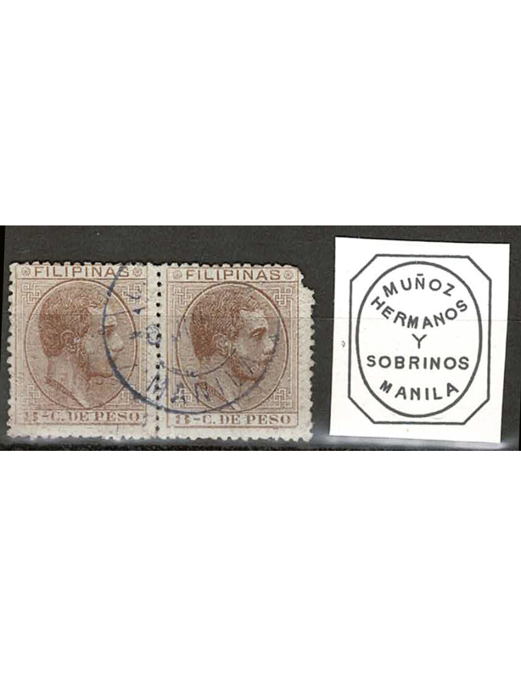 1883 circa. 8 cts. de escudo castaño, pareja mat. fechador en violeta de Manila. Una pareja de sellos de 8 céntimos de la emisió