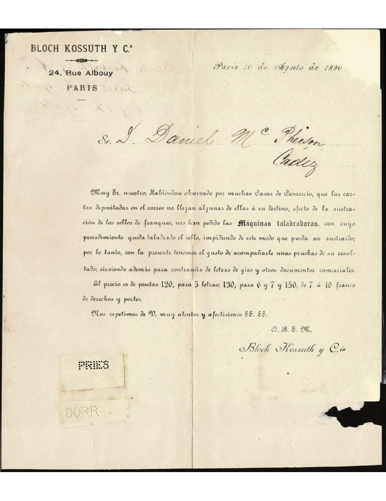 1890 (10 AGO) Carta comercial ofreciendo los servicios de perforación con dos muestras que indican “PRIES” y “DÖRR”. Esta última