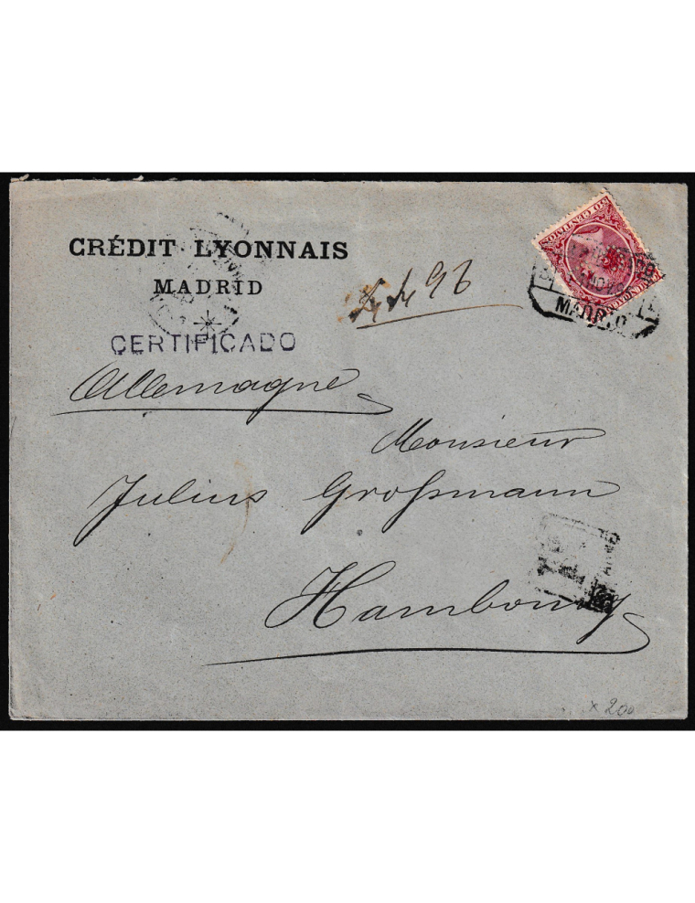 1895 (11 NOV) Madrid a Hamburgo (Alemania). cts. rosa carminado perforado con “C L” por la casa comercial Credit Lyonnais mat. “