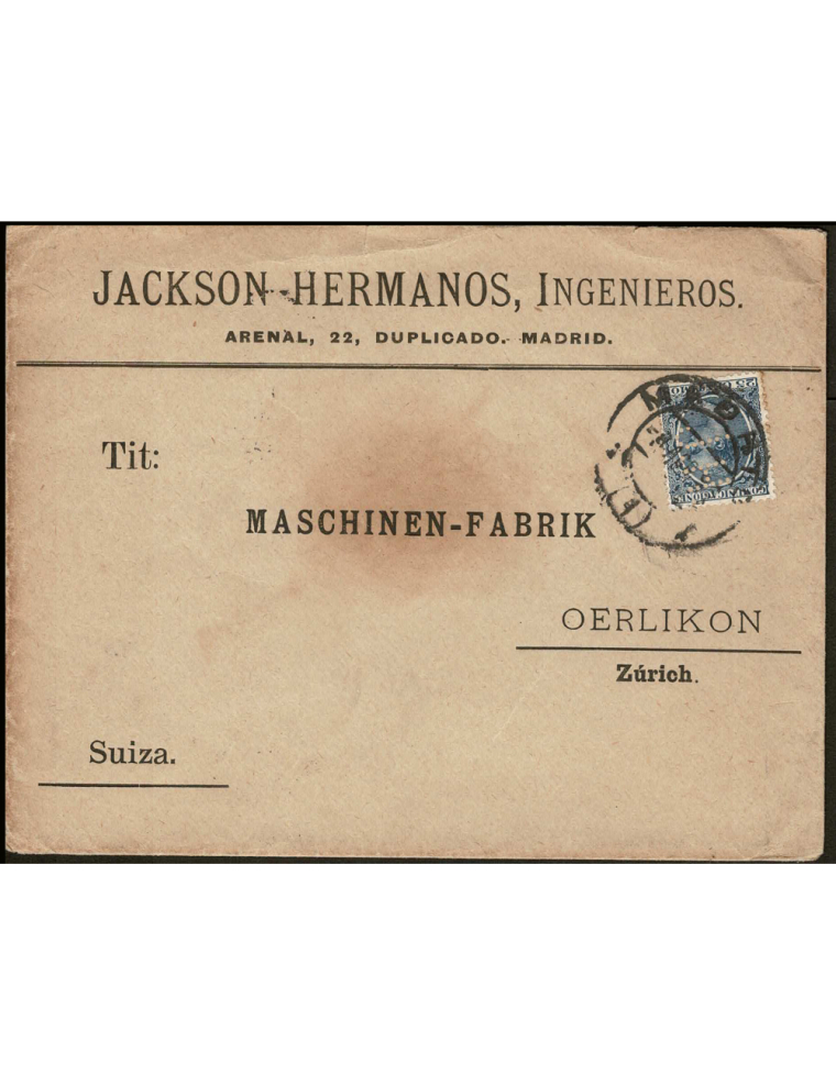 1896 (8 AGO) Madrid a Oerlikon (Suiza). 25 cts. azul con perforación “J H” por la casa comercial Jackson Hermanos mat. fechador.