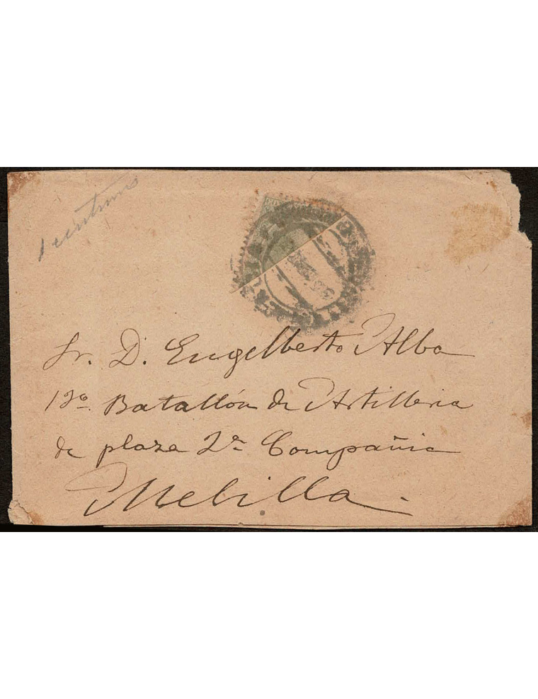 1895 (5 DIC) Barcelona a Melilla. 2 cts. verde bisecado mat. fechador ilegible. Faja de periódico dirigida a un militar destacad