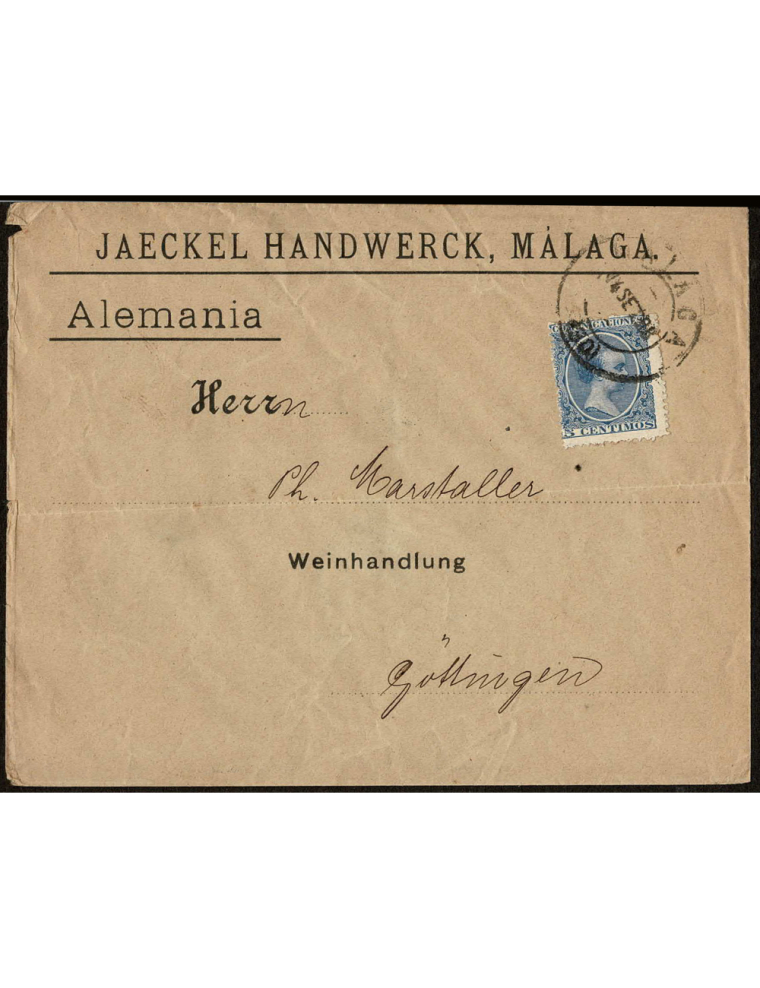 1898 (14 SET) Málaga a Alemania. 5 cts. azul mat. fechador. Interesante SCM con tarifa de papeles de negocios de 1879. Inusual a