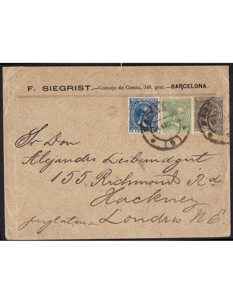 1894 (31 AGO) Barcelona a Londres. 5 cts. azul, 20 cts. verde y 30 cts. bronce mat. fechador. SCM con un franqueo de 50 cts. (do