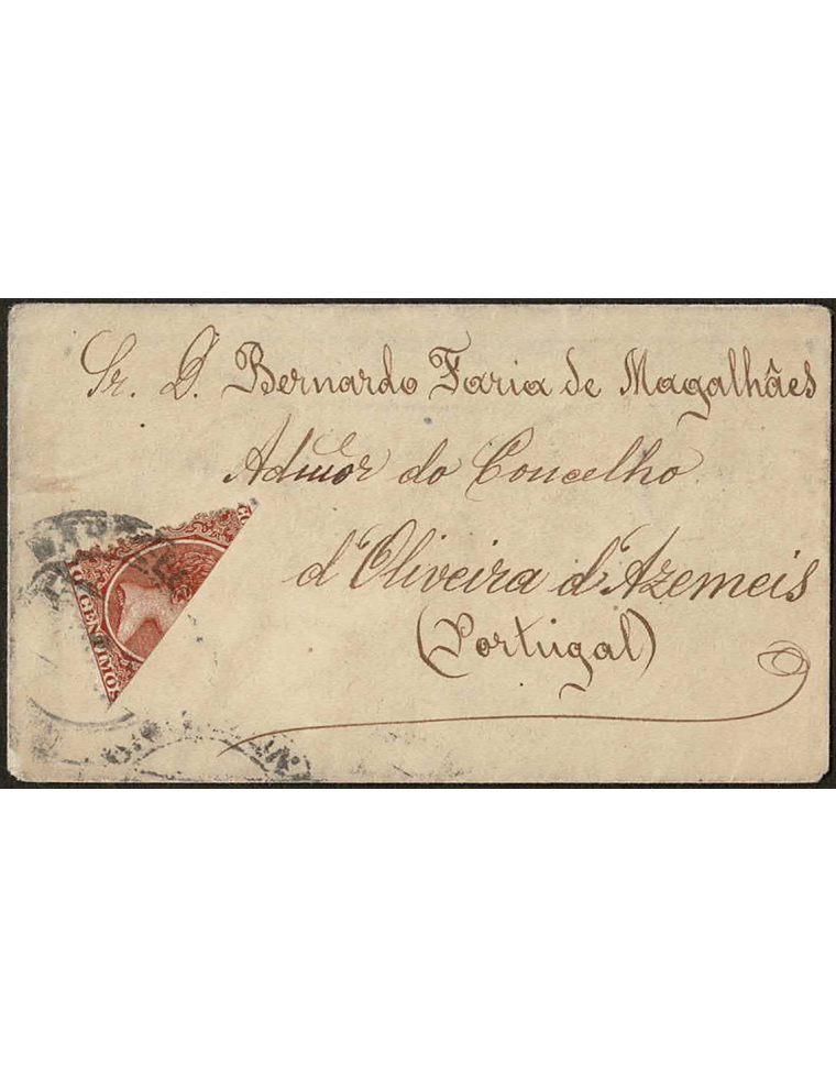 1898 (ENE) Barcelona a Oliveira de Azemeis (Portugal). 10 cts.. castaño bisecado mat. fechador. SCM de formato tarjeta de visita