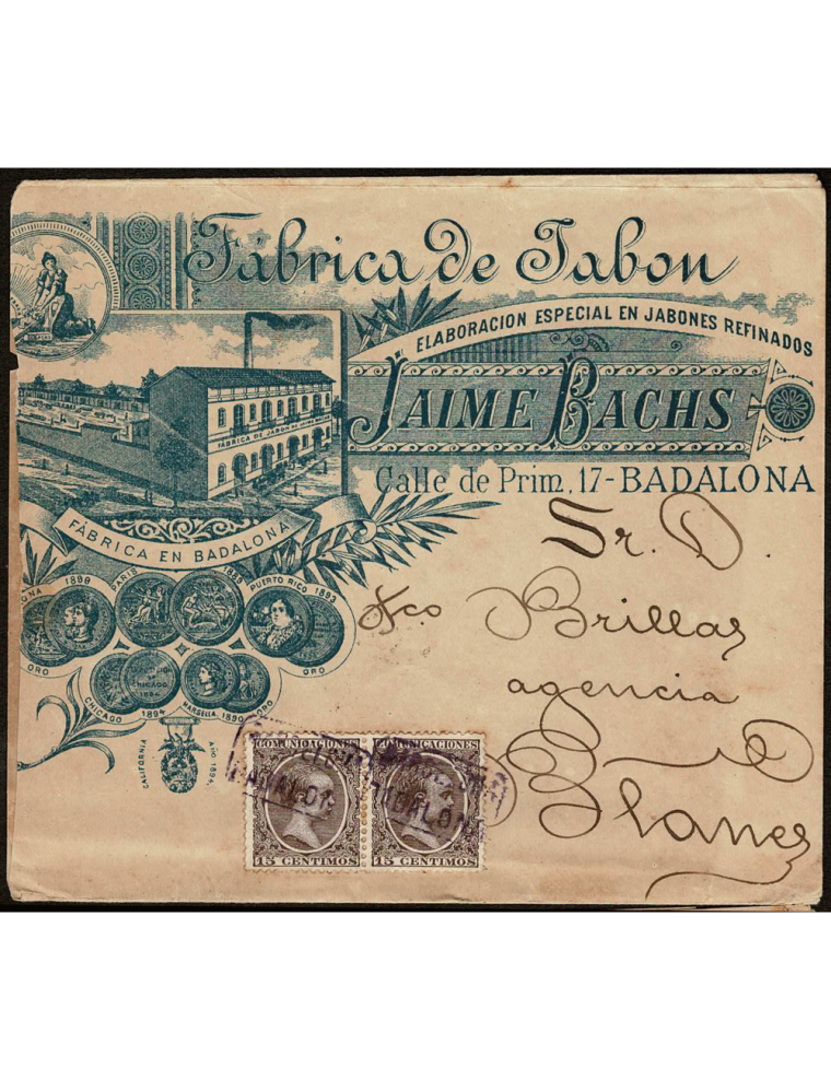 1896. Badalona a Blanes. 15 cts. castaño, pareja horizontal mat. cartería “BARCELONA / BADALONA” en violeta. SCM publicitario de