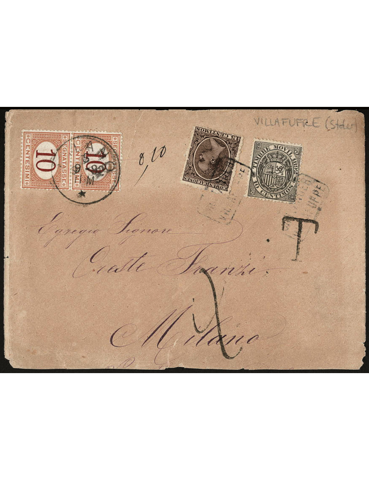 1892 (SET) Villafufre (Santander) a Milán (Italia). 15 cts. castaño y 10 cts.. timbre móvil mat. cartería “SANTANDER / VILLAFUFR