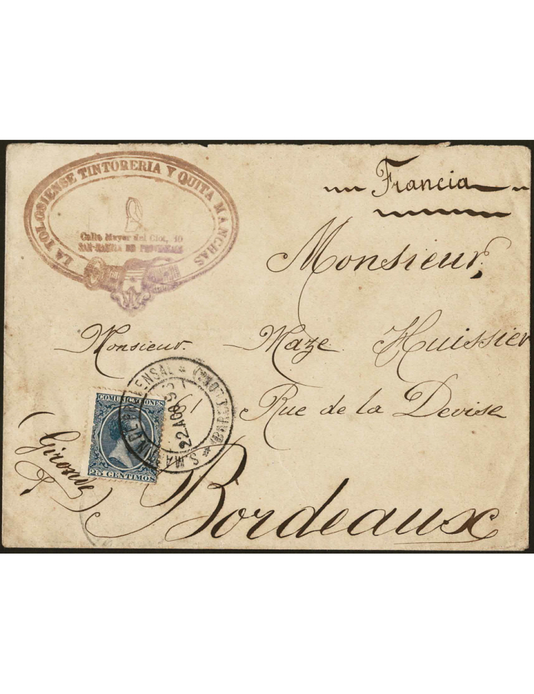 1893 (22 AGO) Sant Martí de Provençals a Burdeos (Francia). 25 cts. azul mat. fechador en negro de San Martín. Espectacular SCM 