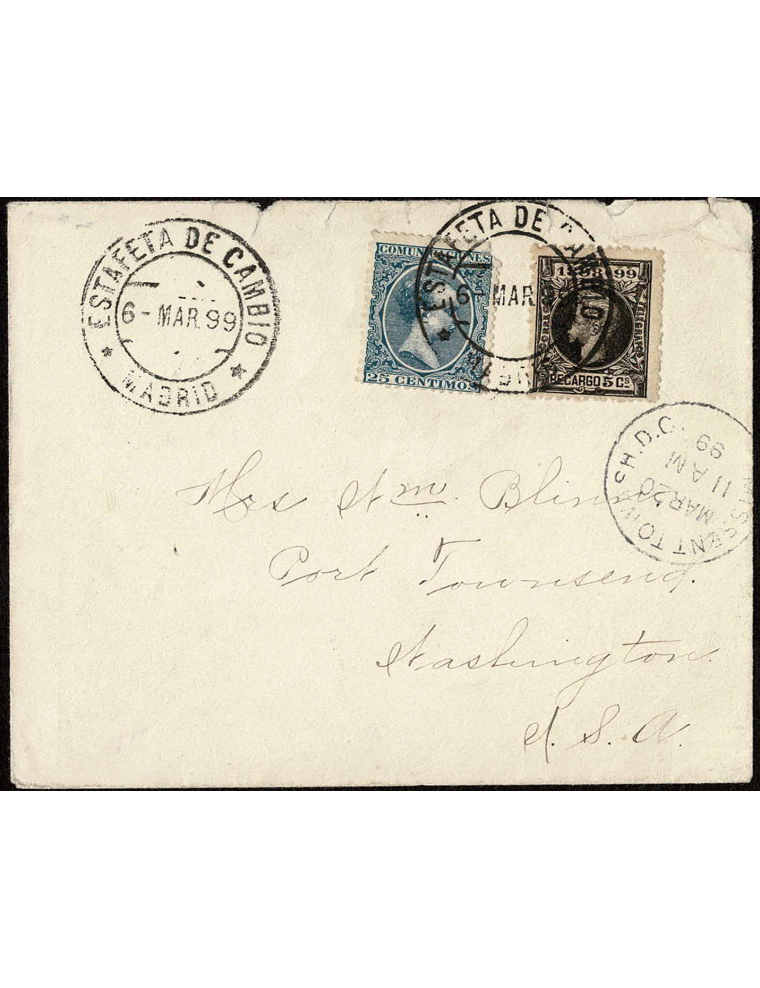 1899 (6 MAR) Madrid a Washington (Estados Unidos). 25 cts. azul y 5 cts. negro de recargo mat. fechador de la Estafeta de Cambio