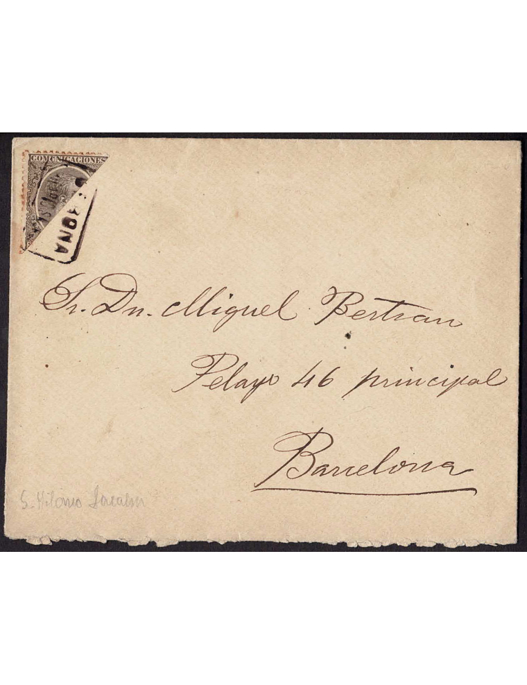 1897 (1 SEP) Sant Hilari Sacalm a Barcelona. SCM con el sello de 30 cts. bisecado para cumplir teóricamente con la tarifa nacion