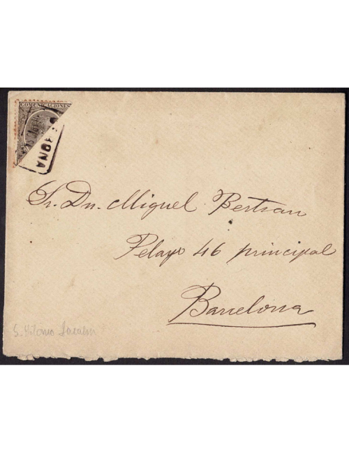 1897 (1 SEP) Sant Hilari Sacalm a Barcelona. SCM con el sello de 30 cts. bisecado para cumplir teóricamente con la tarifa nacion