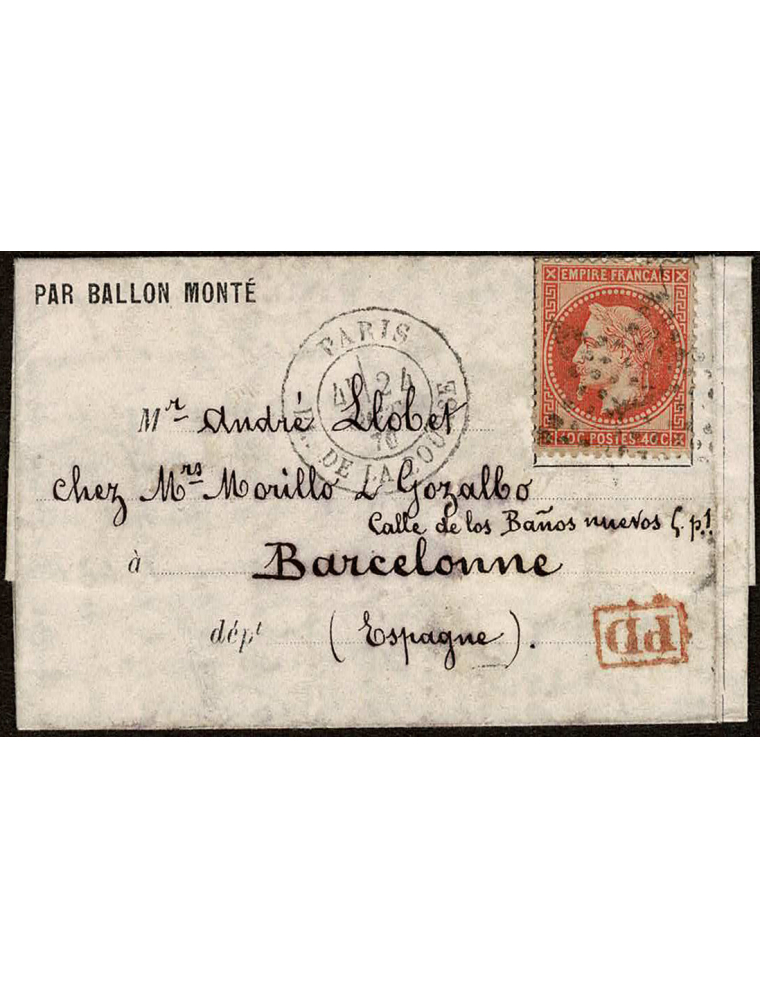 1870 (18 OCT) París a Barcelona. Carta transportada por Ballon Monté. Franqueada con un sello de 40 cts.