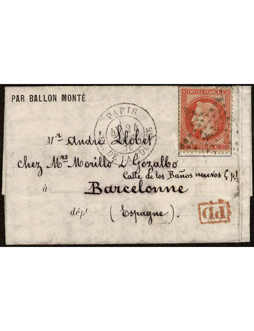 1870 (18 OCT) París a Barcelona. Carta transportada por Ballon Monté. Franqueada con un sello de 40 cts.