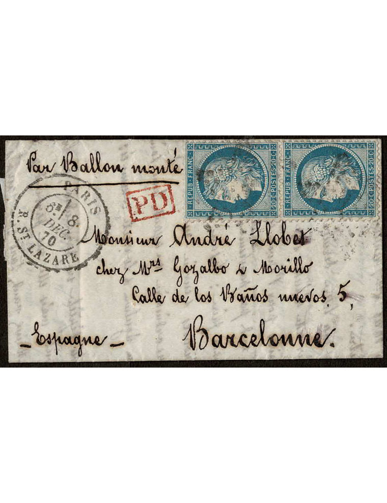 1870 (8 DIC) París a Barcelona. Carta transportada por Ballon Monté. Con una pareja del 20 cts. Muy rara destinación a Barcelona