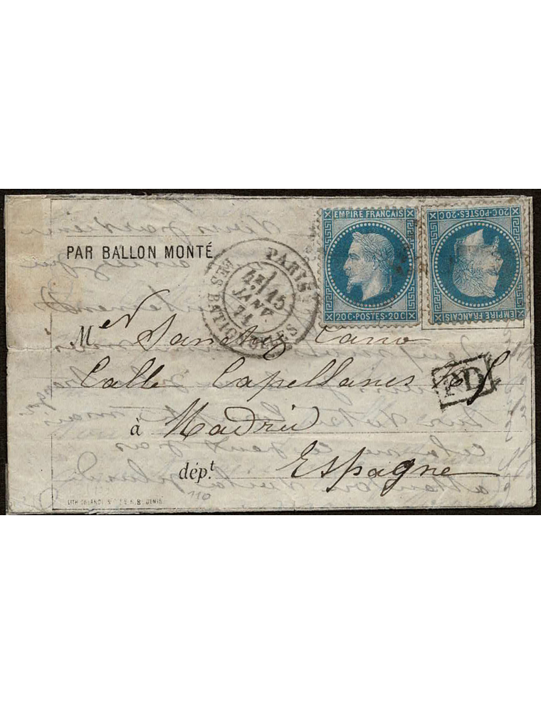 1871 (15 ENE) París a Madrid. Carta transportada por Ballon Monté “La Poste de París”. Franqueada con dos sellos de 20 cts. Lleg